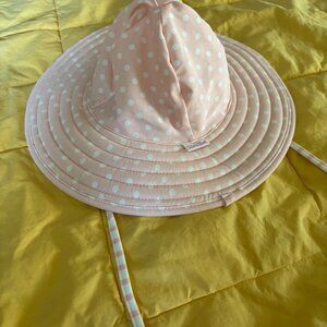 RUFFLE BUTTS Girl’s Pink White Reversible Polka Dot Stripe Sun Hat Size 0-12 Mos